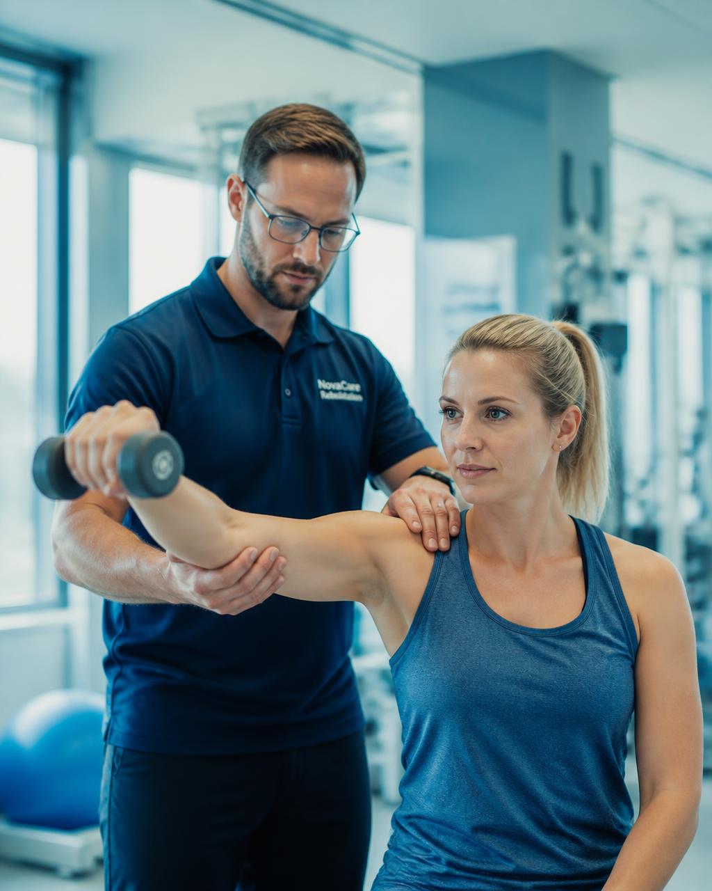 Therapist guiding a patient through injury rehabilitation